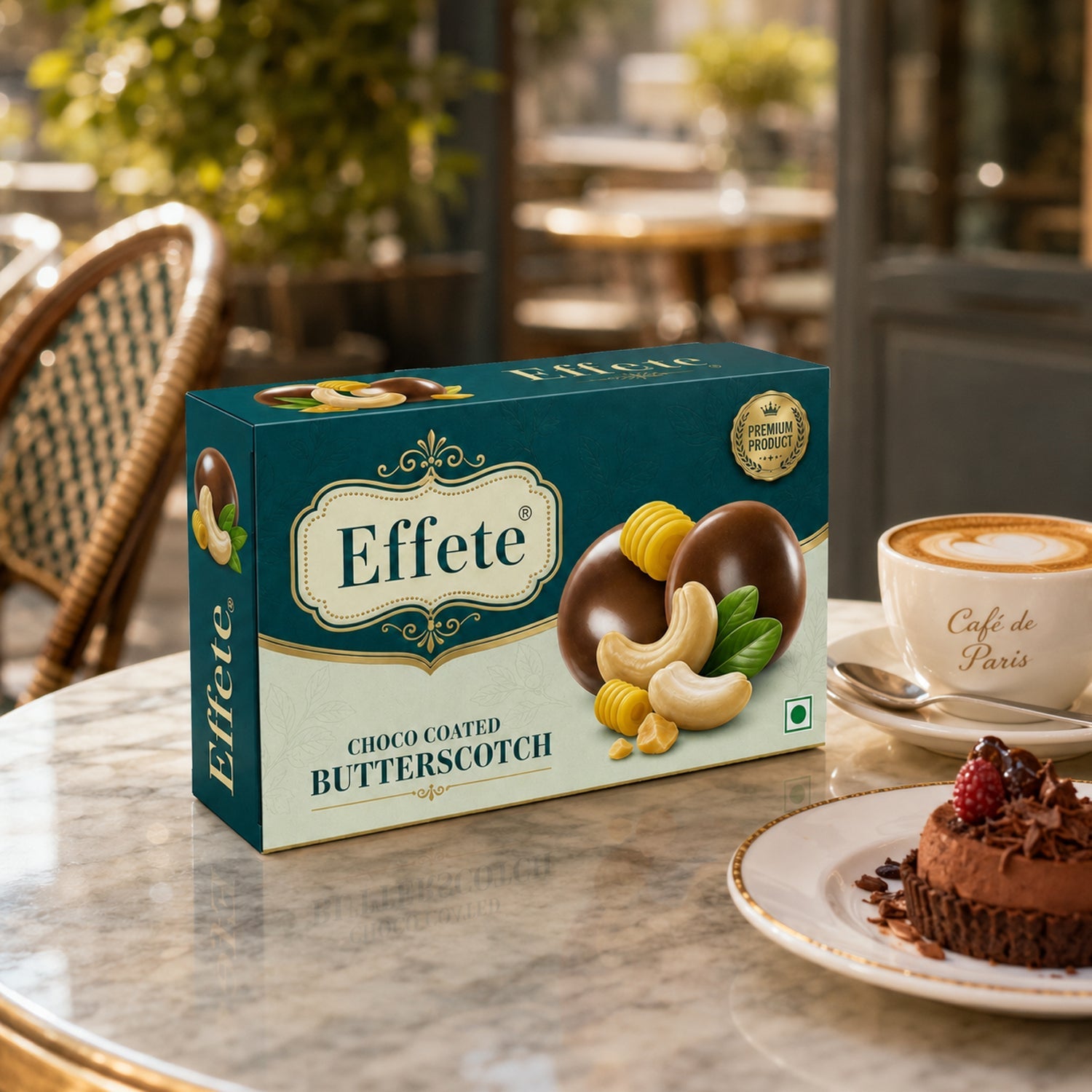 Effete Choco Coated Butterscotch box on an outdoor cafe table with a cup of coffee and a chocolate dessert.
