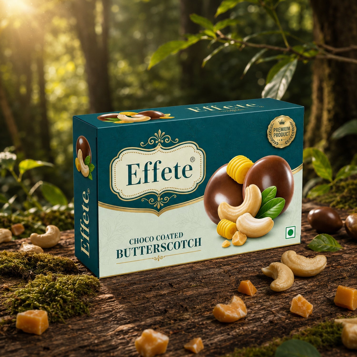 Effete Choco Coated Butterscotch box on a mossy log in a forest setting with cashews and butterscotch pieces.