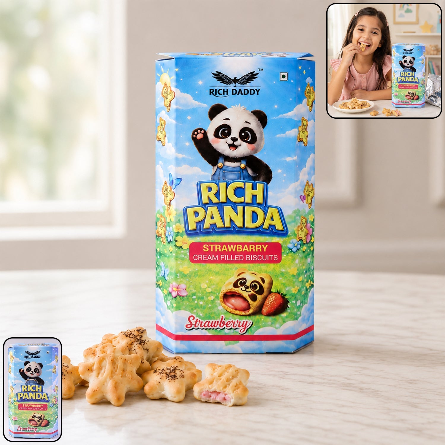 Rich Daddy Panda Strawberry Cream Biscuits in fun shapes for kids