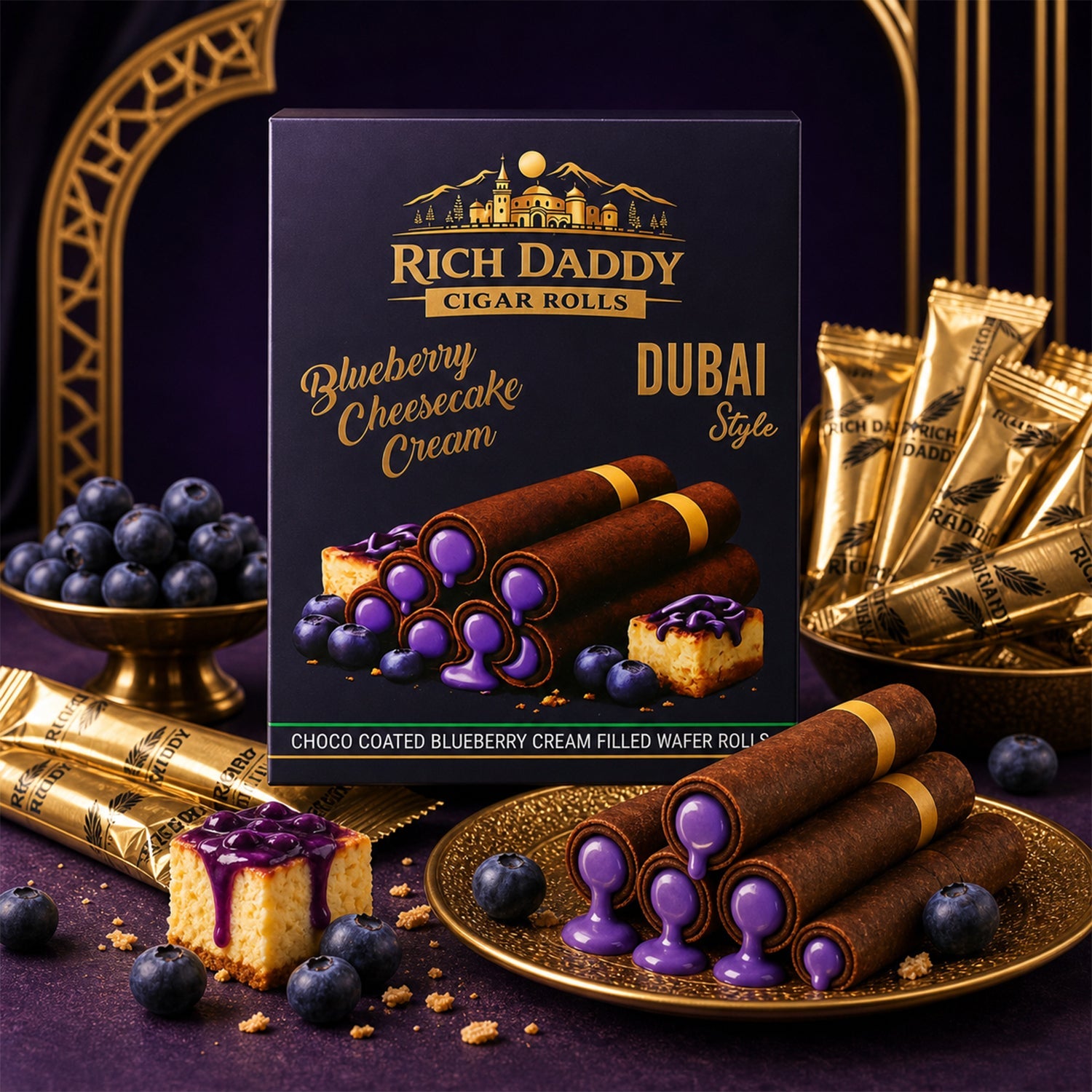 A decorative scene with a Rich Daddy box, gold-wrapped wafer rolls, fresh blueberries in bowls, and cheesecake pieces on a