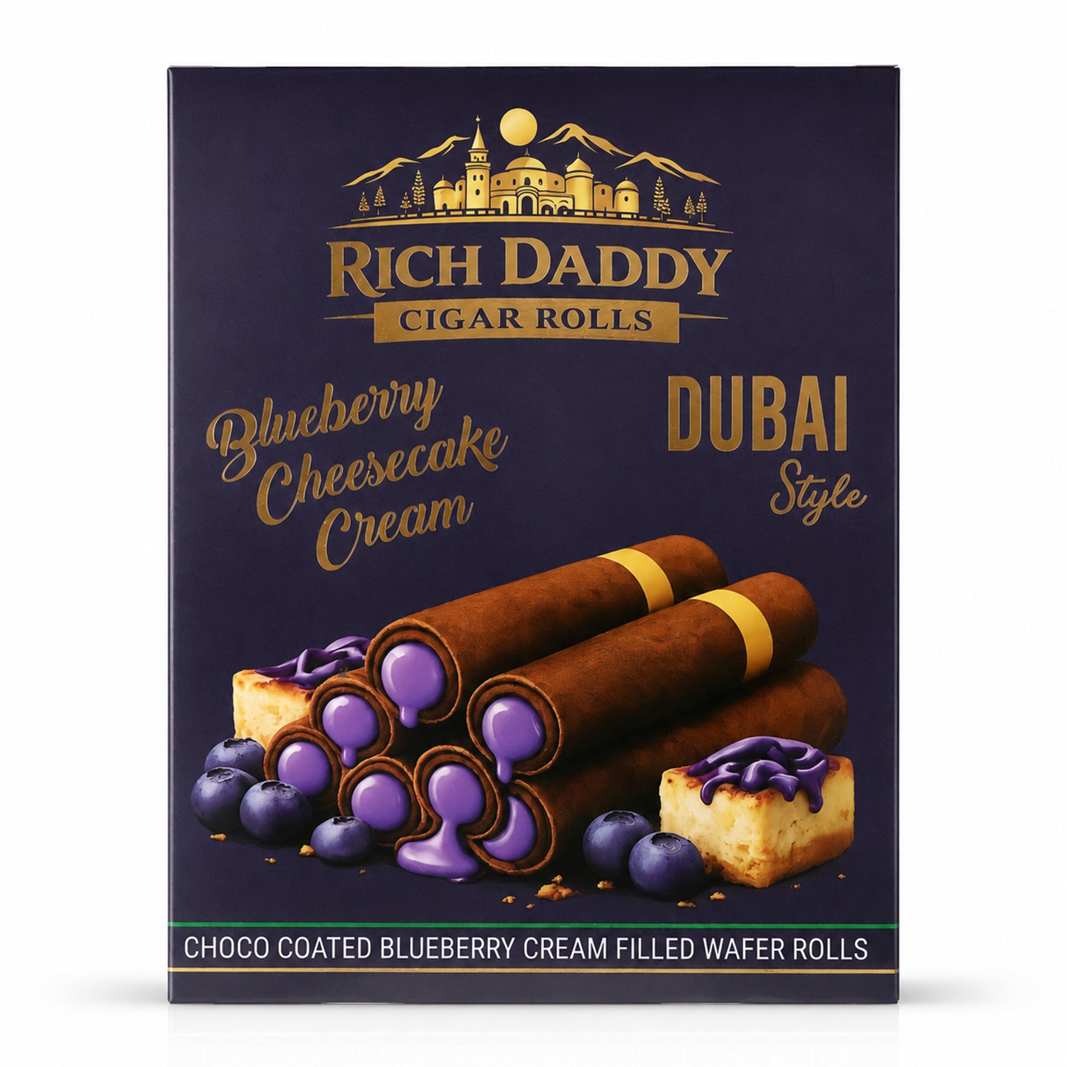 A Rich Daddy Cigar Rolls box, blueberry cheesecake cream flavor, stands upright against a plain white background.