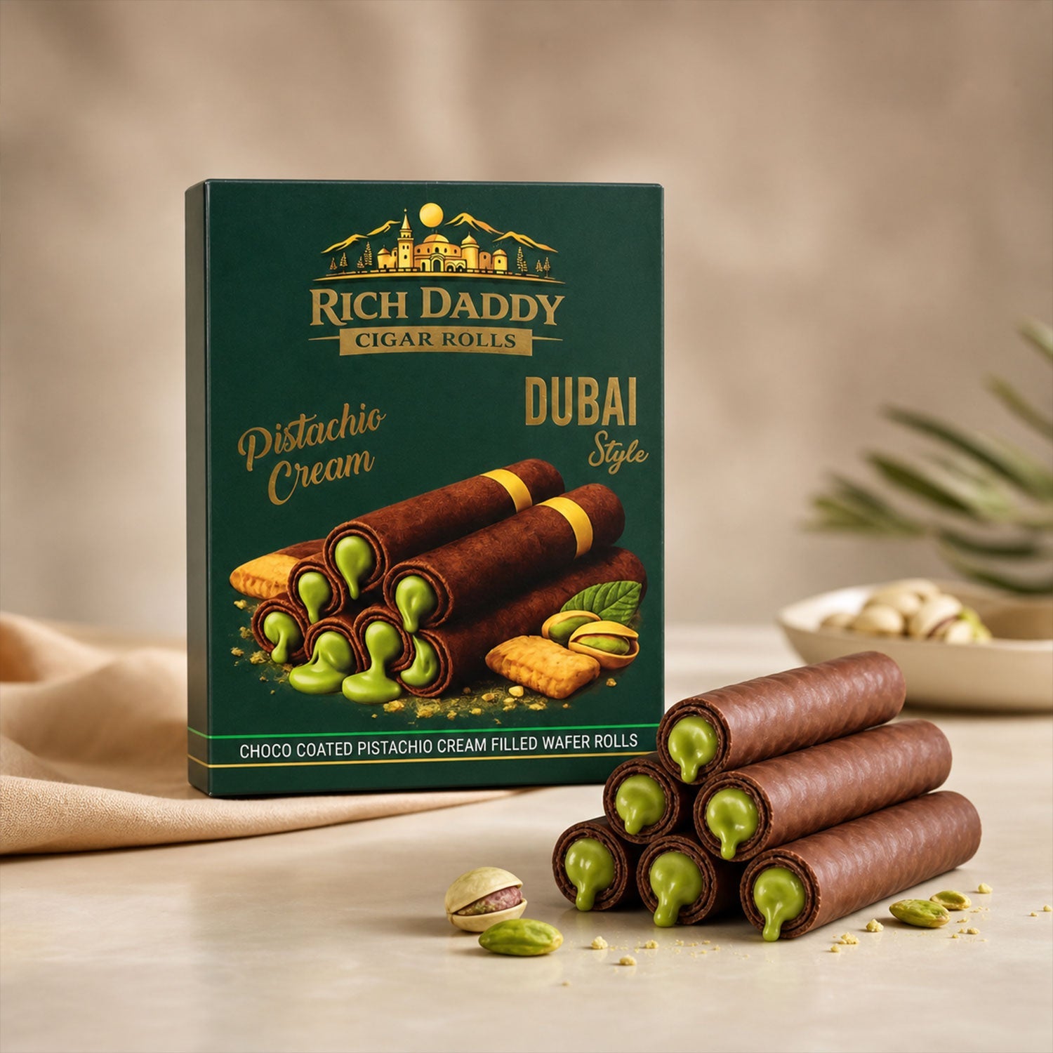 Green box of Rich Daddy Cigar Rolls with a stack of chocolate wafer rolls filled with green cream beside it.