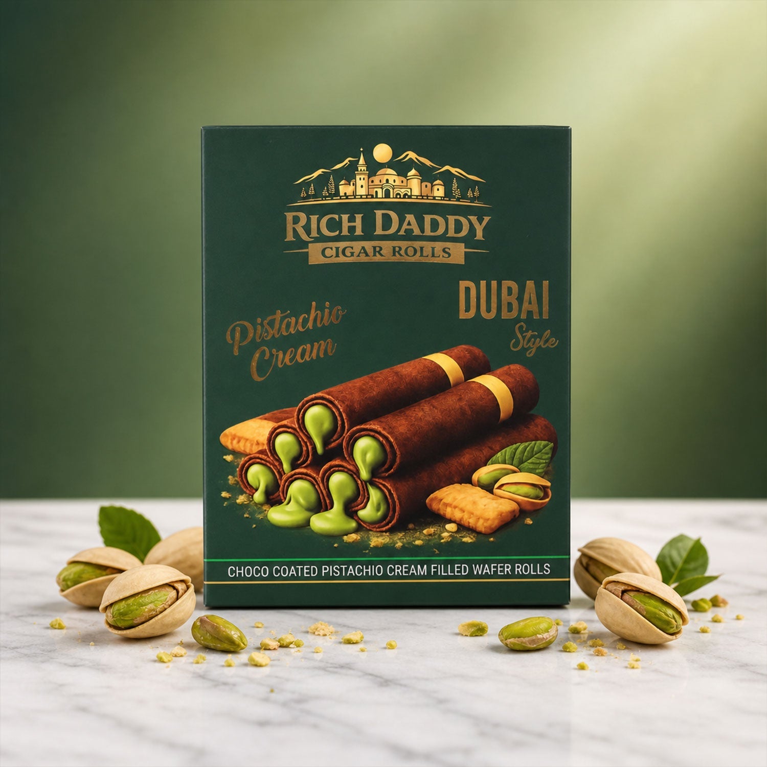 Green box of Rich Daddy Cigar Rolls, with pistachios scattered on a white marble surface.