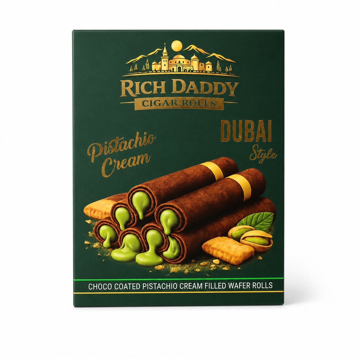 Front view of a green Rich Daddy Cigar Rolls box with pistachio cream filled chocolate wafer rolls depicted.