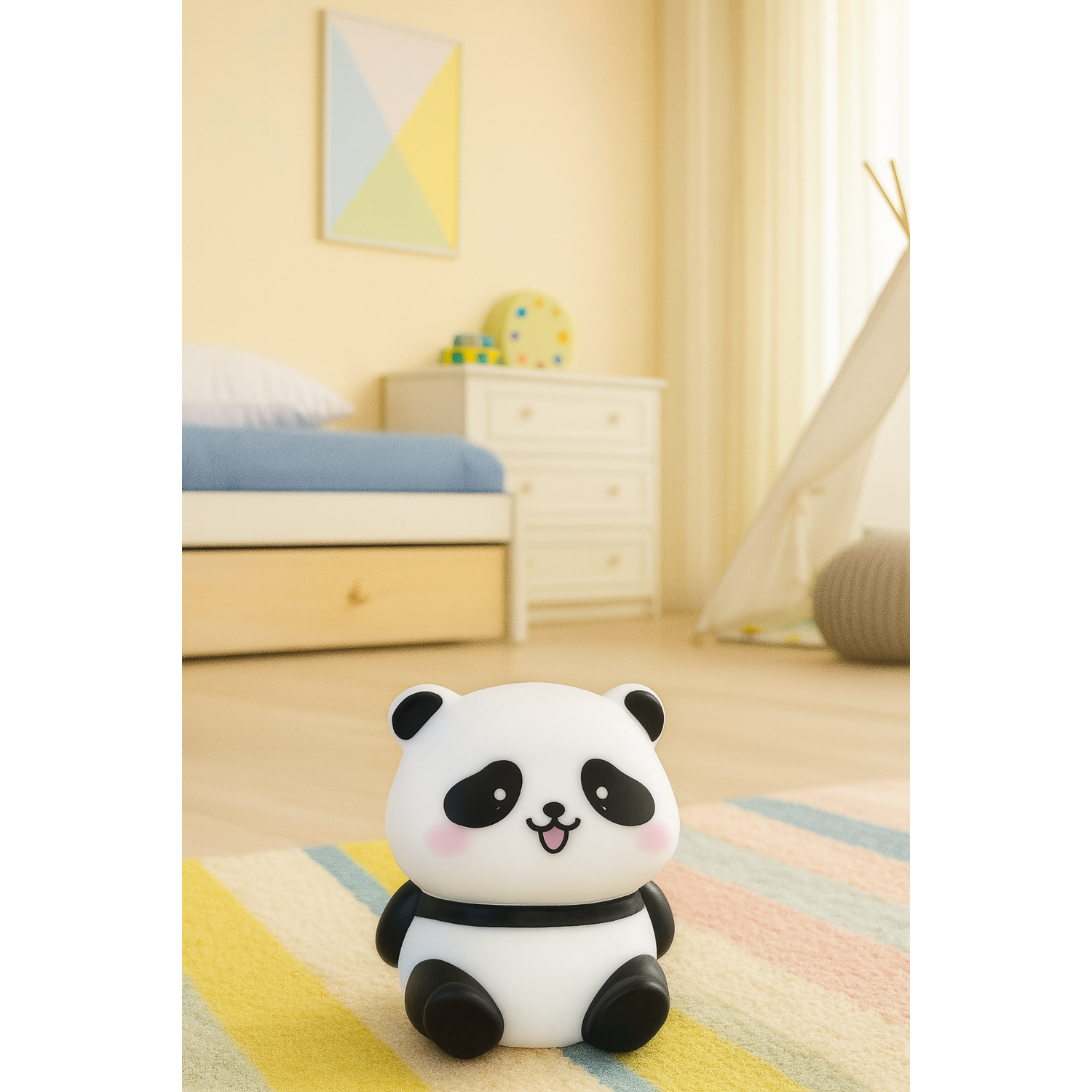 Soft glowing panda night lamp on a bedside table for kids' room